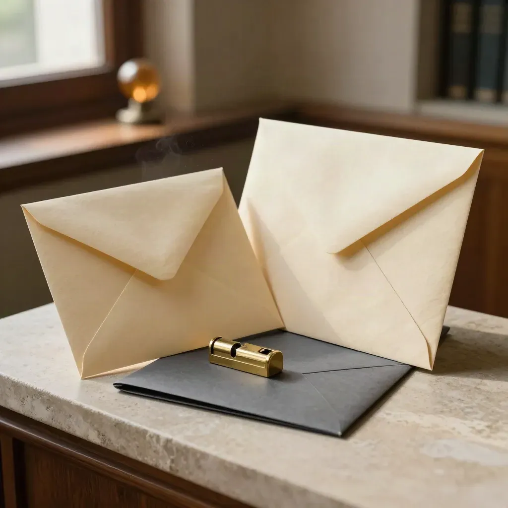 Sealed envelopes, closed mediation folder, and brass paperweight on pale stone in warm office light