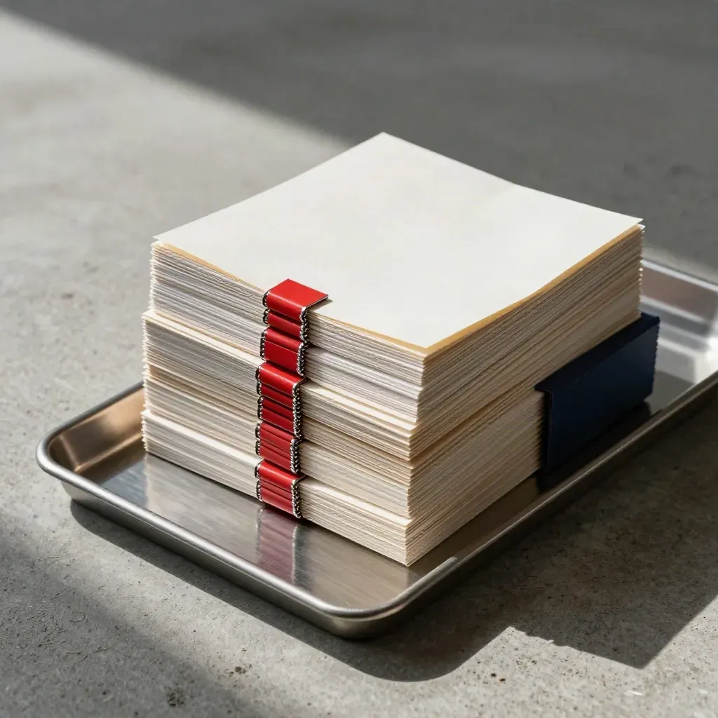 Red-tabbed hearing bundles clipped on concrete beside a shallow evidence tray