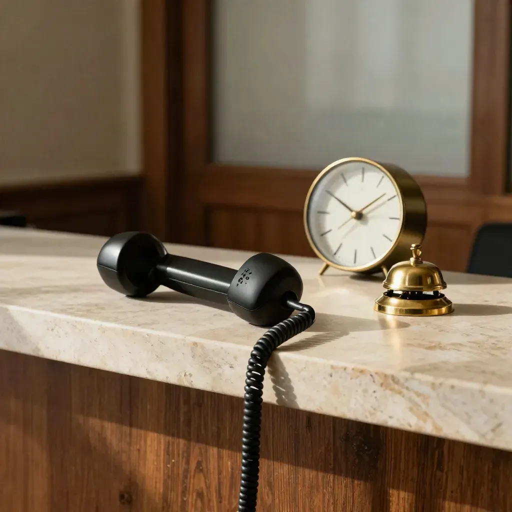 Handset, analogue clock and brass call bell on stone in a quiet law office.