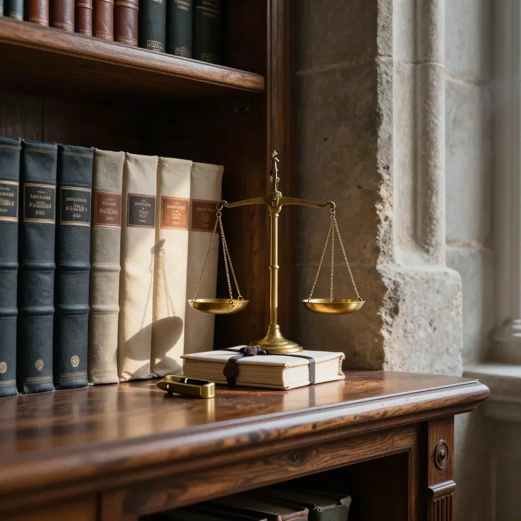 Brass scales and legal case volumes on pale limestone in a moody law library corner.