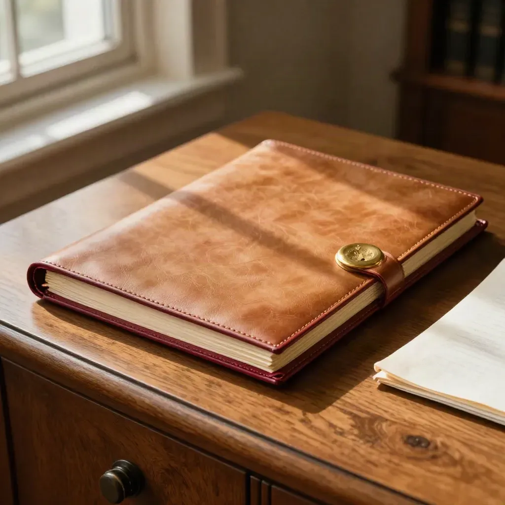 Contract bundle with red tabs, leather folder and brass seal on warm wood in soft window light.