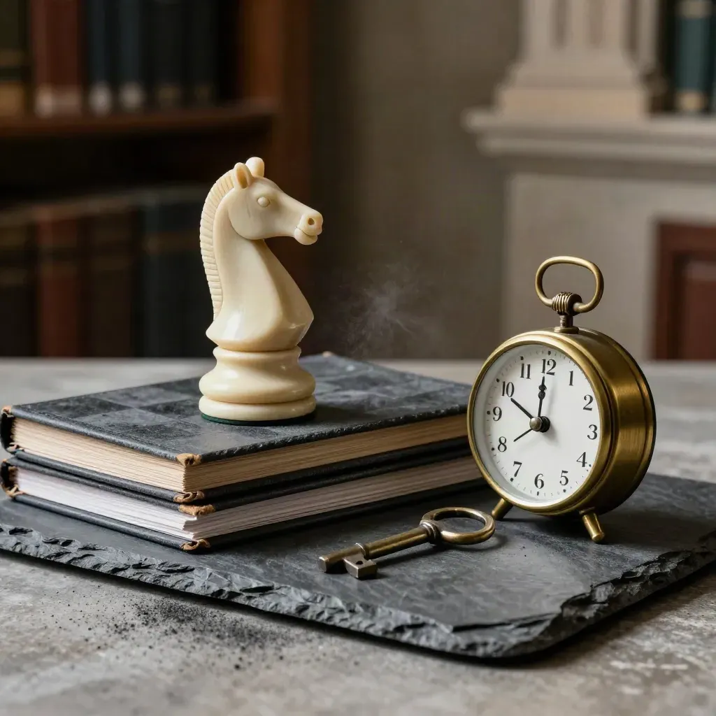 Chess knight beside closed case folders and a brass clock on slate in moody law-office light