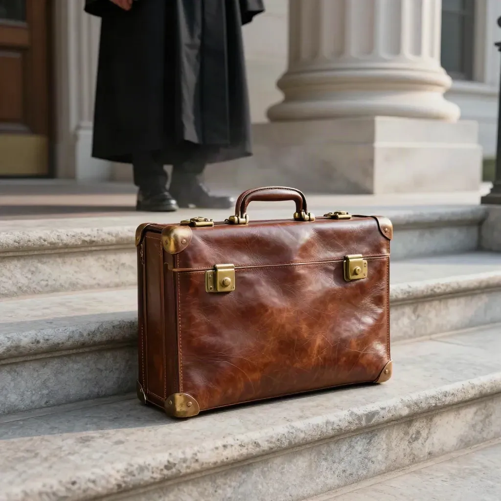Courthouse steps with briefcase and robe fabric in cool morning mist