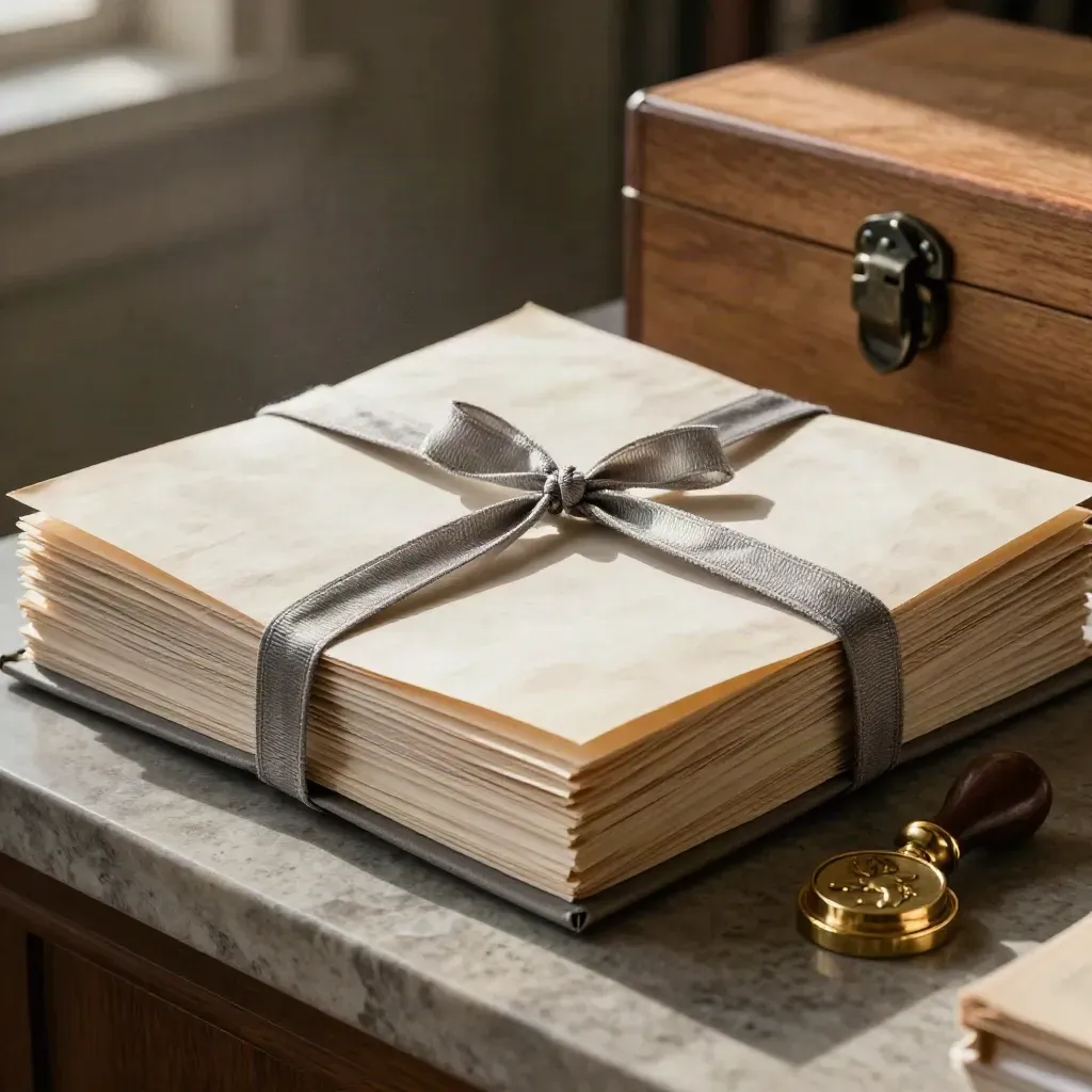 Ribbon-tied legal file, brass seal, and delivery box in a moody office still life