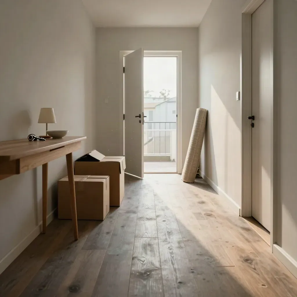 Empty flat hallway with moving boxes, keys on a console, and an open door glowing with daylight.