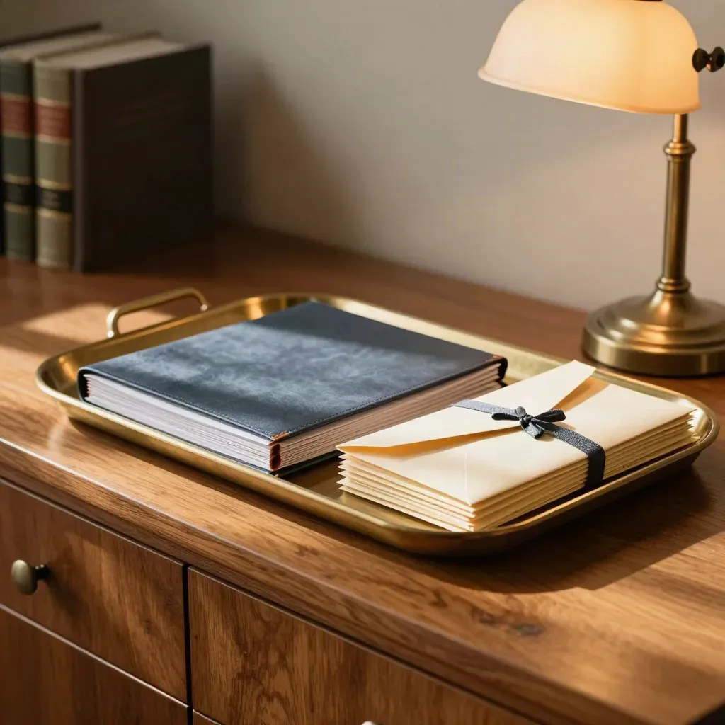 Closed invoice file, sealed envelopes and brass tray beside a banker’s lamp in a quiet law office.