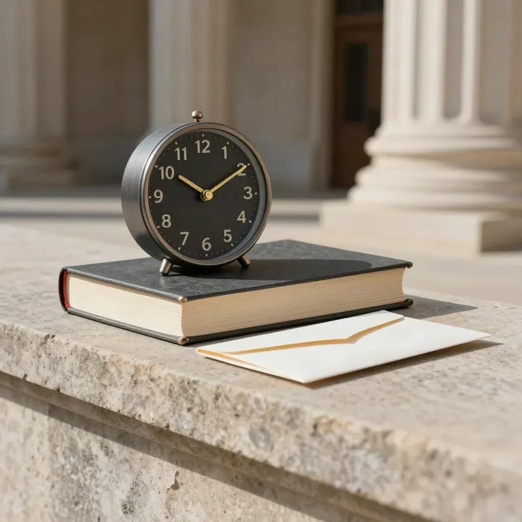 Legal case bundle, clock, and sealed courier envelope on a stone ledge in courthouse light.