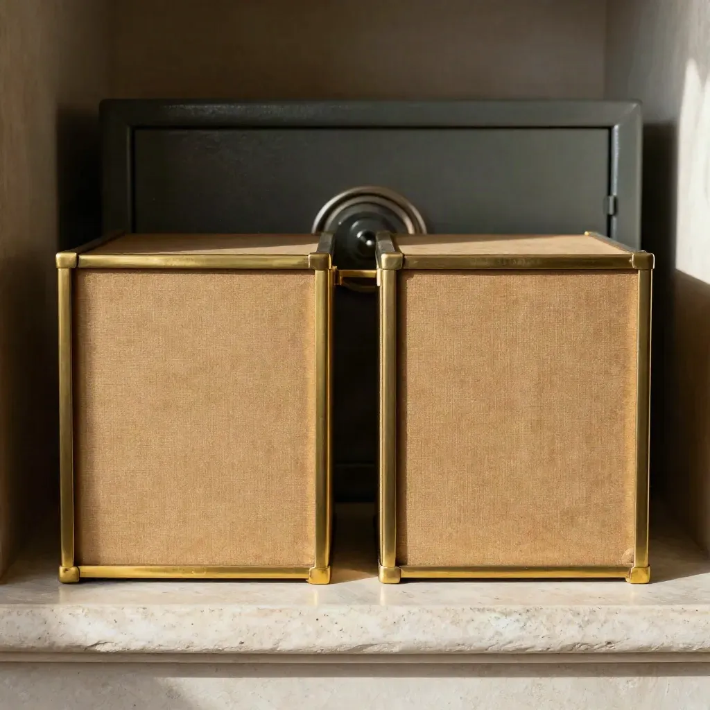 Two sealed archive boxes split by a brass divider before a closed safe
