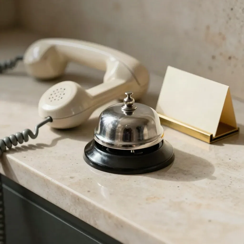 Close-up of a handset, bell, and card holder on pale stone in a legal office