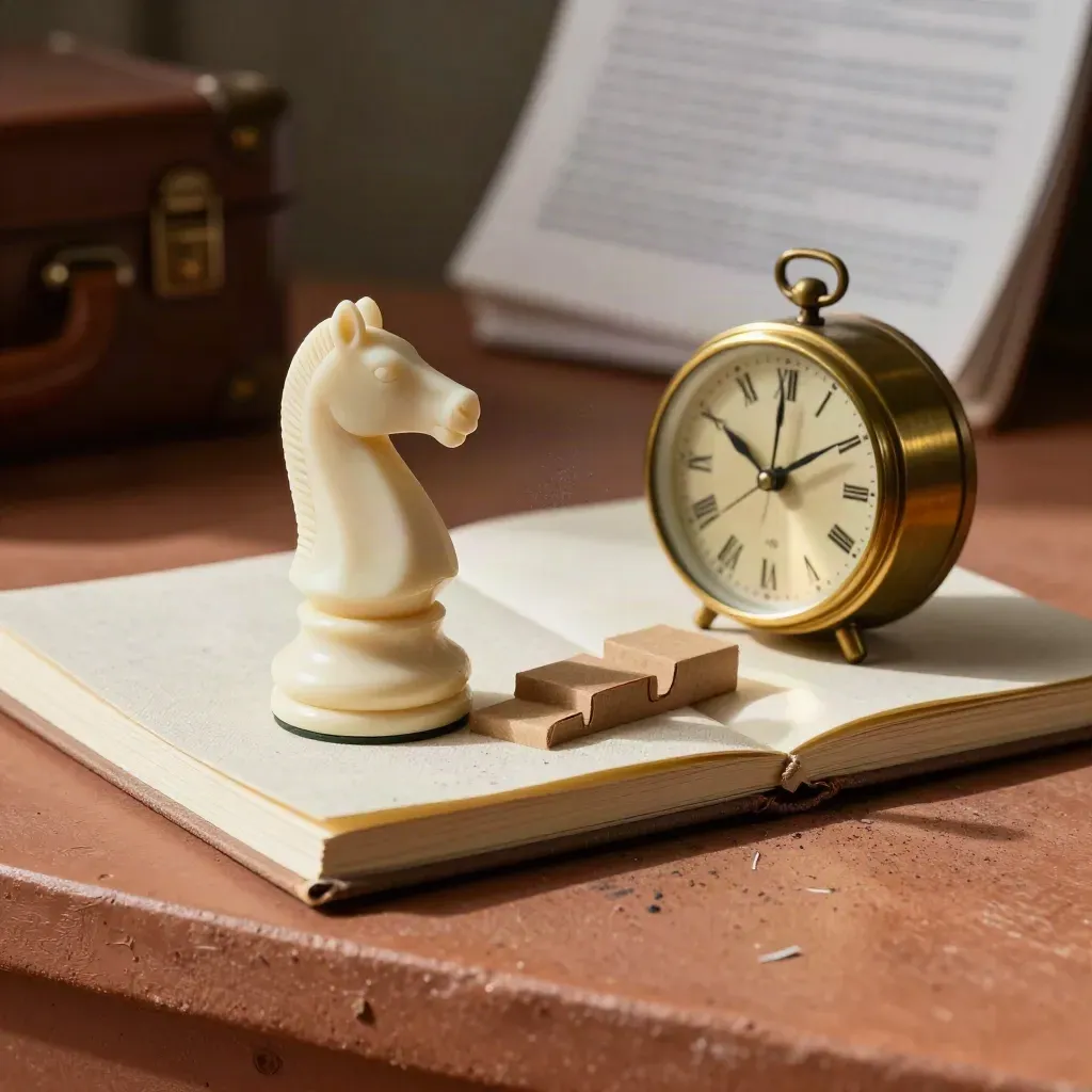 Chess knight, brass clock and file tabs on a legal archive ledge in editorial light.