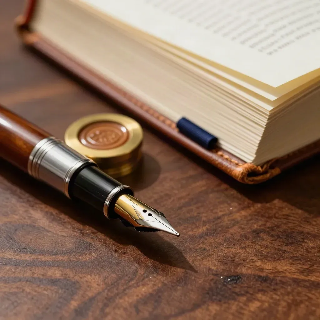 Macro still life of a fountain pen, brass seal and statute volume on dark walnut.
