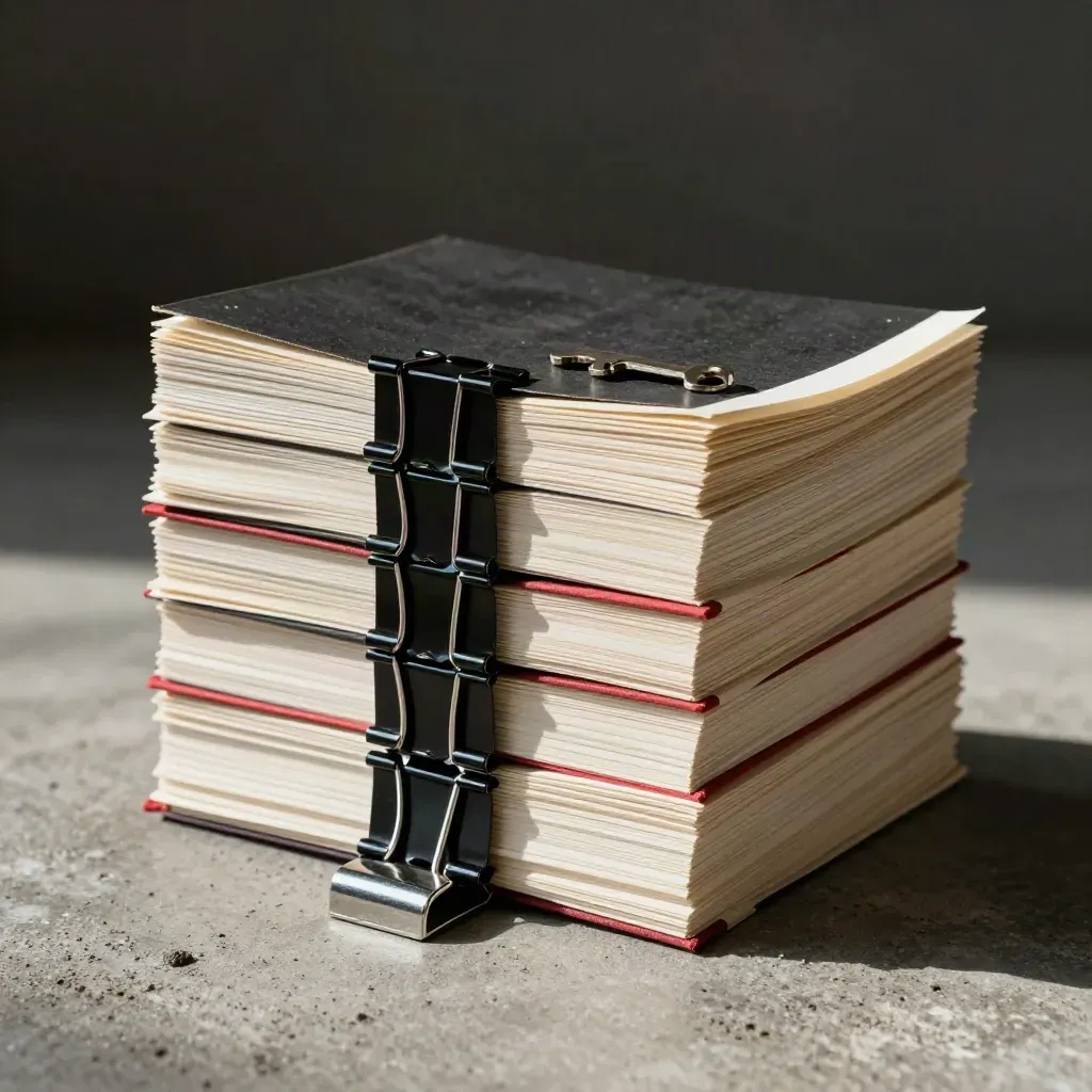 Litigation bundles, binder clips and a paperweight on rough concrete under dramatic light