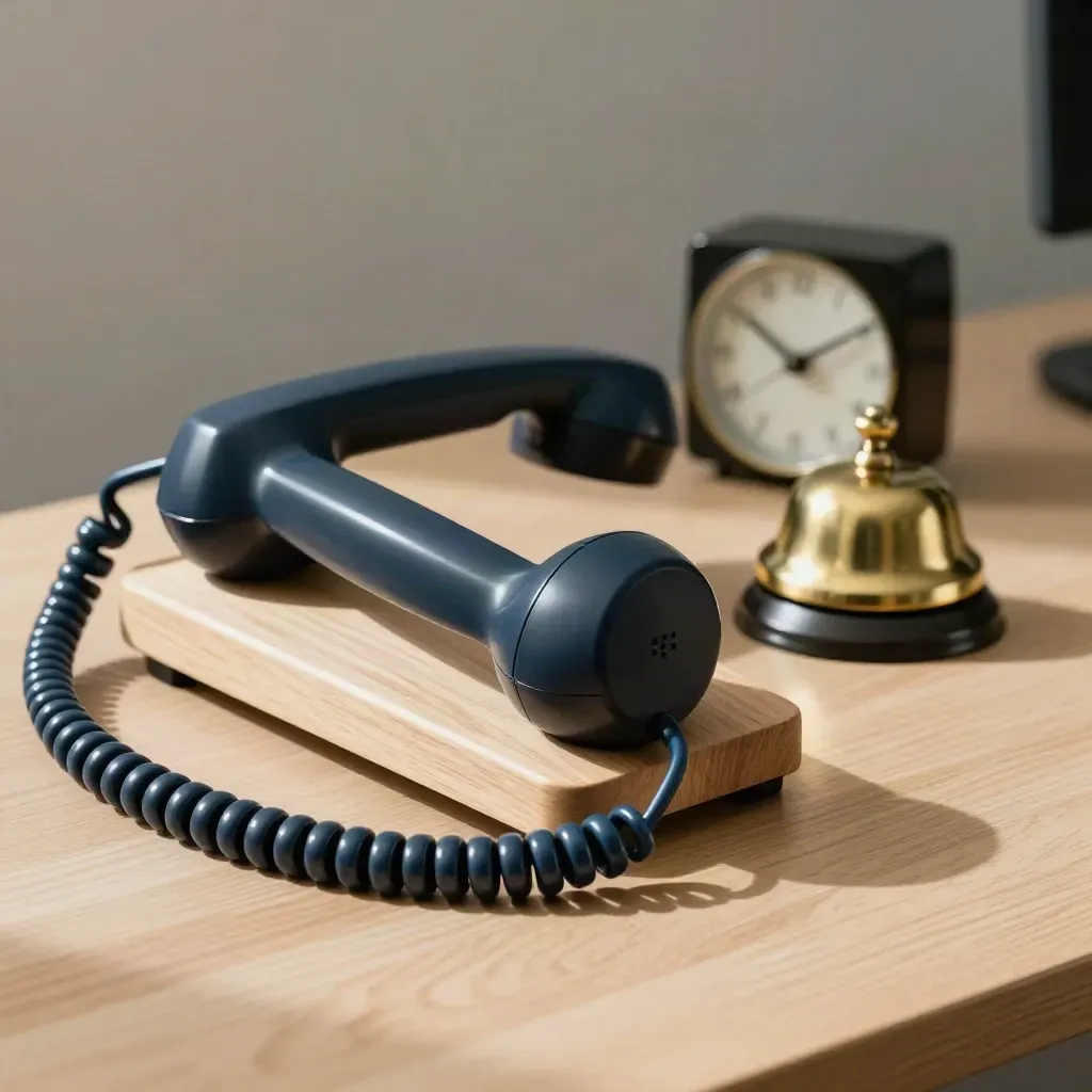 Phone handset, brass bell and clock on pale wood in a legal office still life.