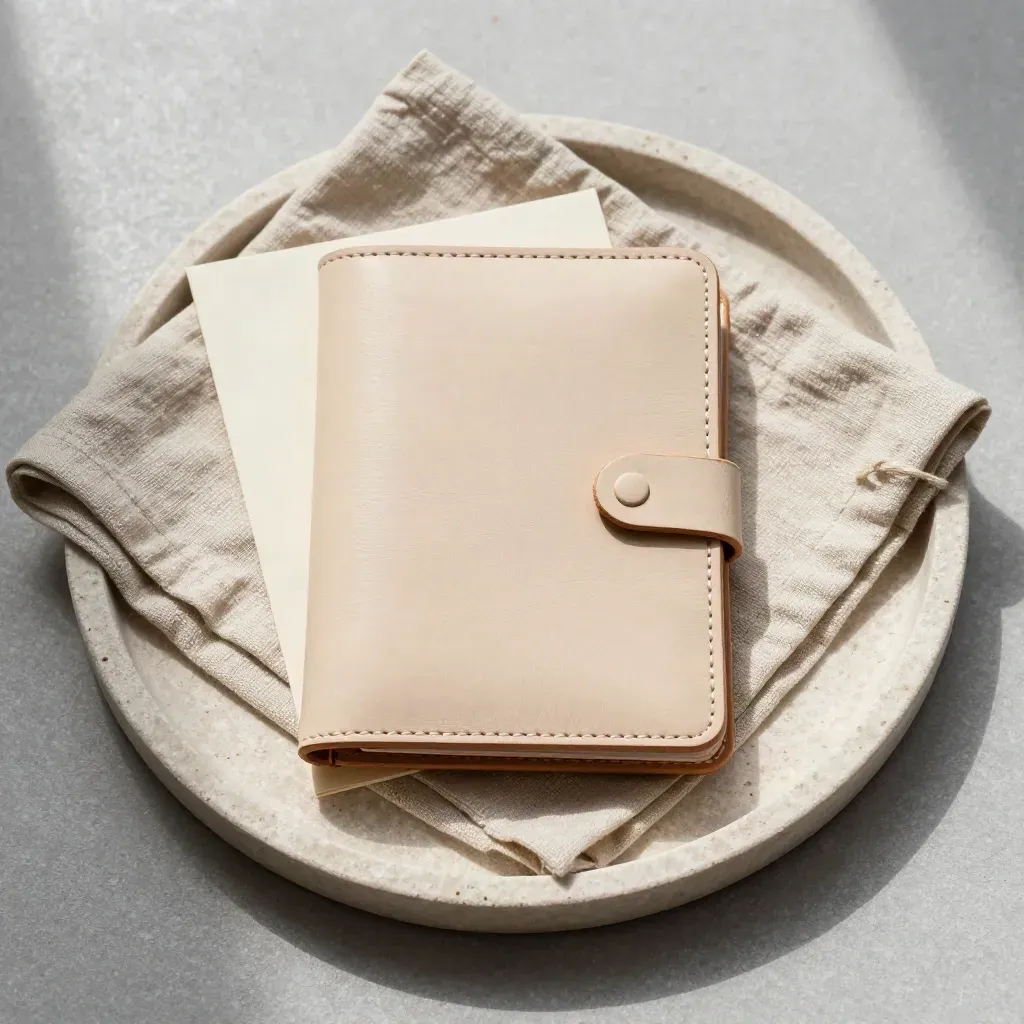 Overhead legal file still life with a sealed wallet, twine tie and courier mailer on a stone tray.