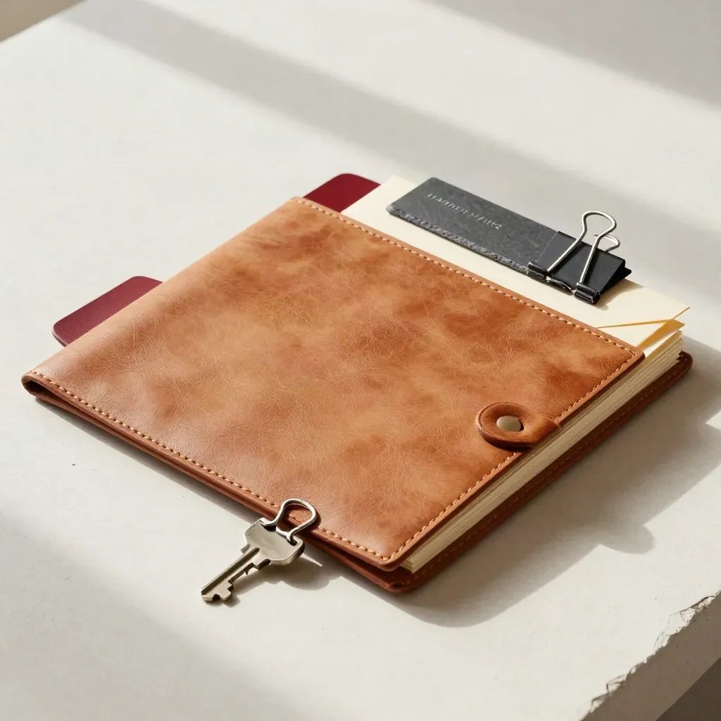 Open leather case folder with red tabs, binder clips and a sealed envelope on a pale plaster surface.