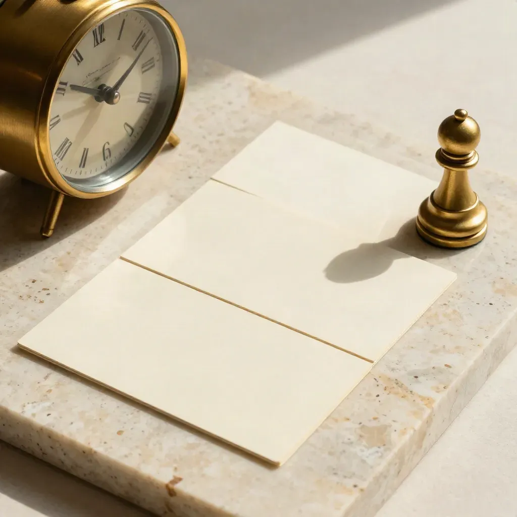 Blank cards, brass clock and chess rook on warm limestone in a precise overhead legal-planning flatlay.