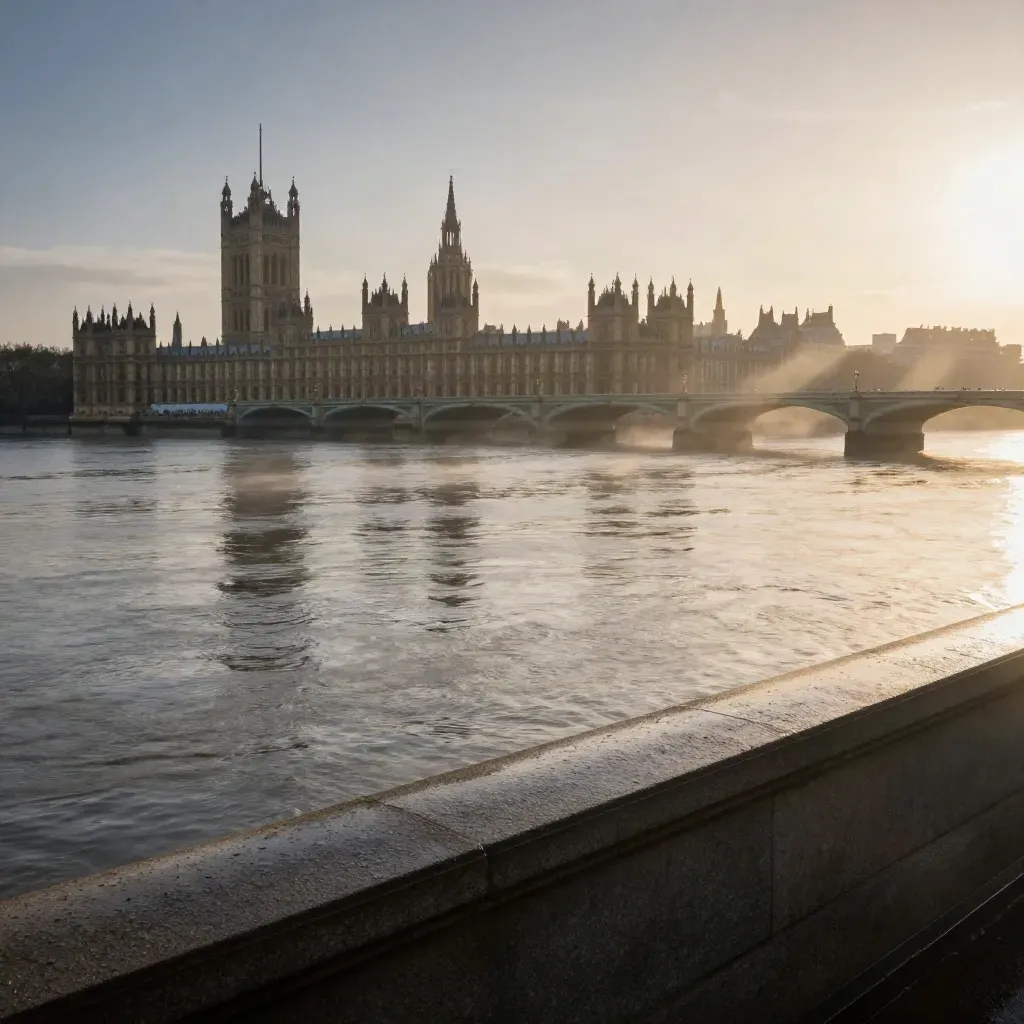 Westminster skyline over the Thames at sunset with mist and glowing stone