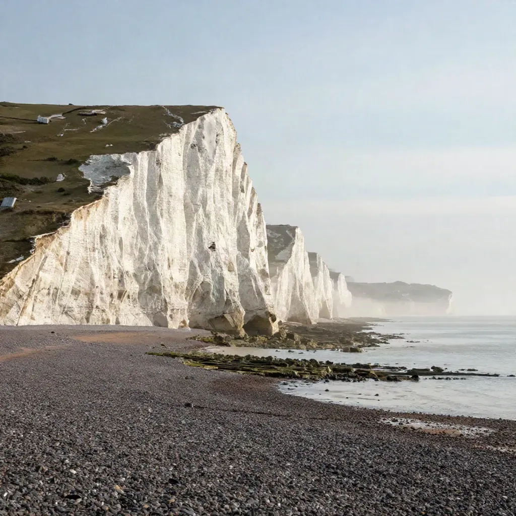 Seven Sisters cliffs above a calm shingle beach in dawn haze