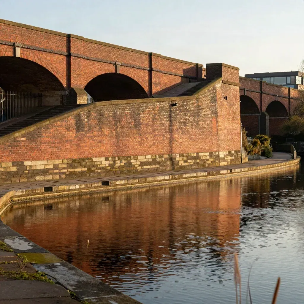 Birmingham canal bridges and terraced waterfront in golden light, reflected in amber water.