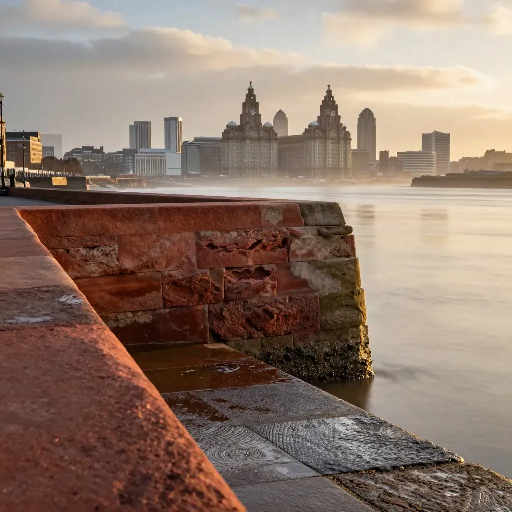 Liverpool quayside sandstone and skyline with calm estuary haze and gold reflections